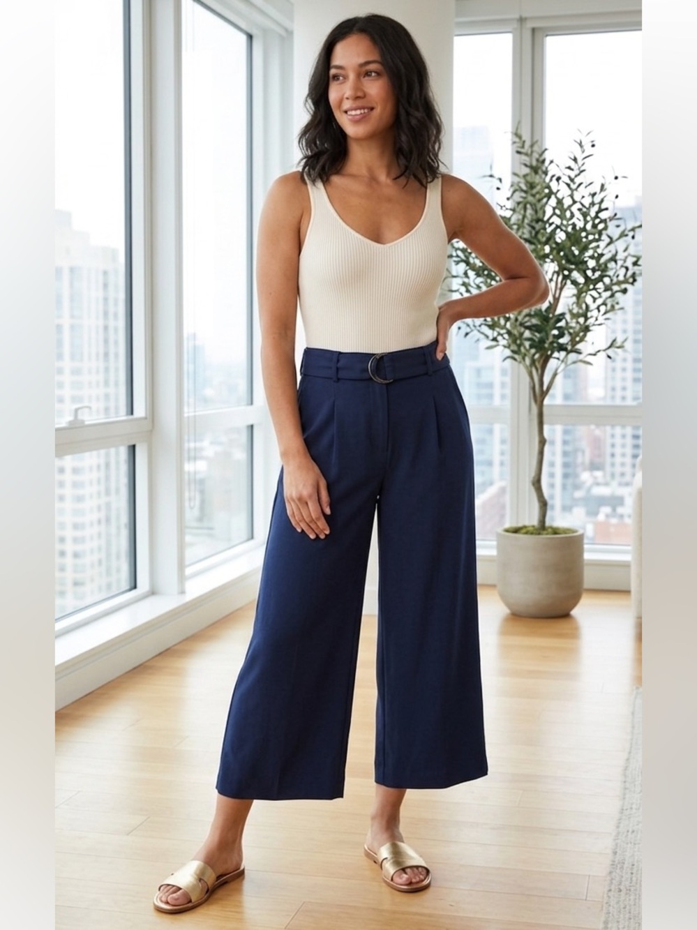 Ann Taylor Navy Blue Cropped Belted Wide Leg Pants Sz 12